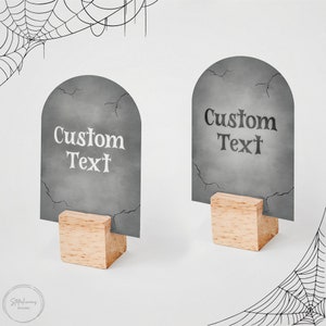 Tarjetas de mesa de Halloween editables, decoración de fiesta de Halloween, lápida de cementerio, tarjetas de presentación, tarjetas de mesa, tarjetas de buffet, plantilla imprimible de Corjl