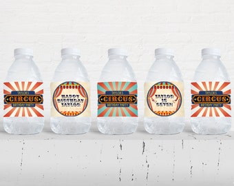 Circus Party Water Bottle Labels, Editable Template, Carnival, Personalized Party Decor, Digital Download, Printable, Vintage Circus, Corjl