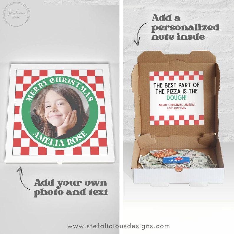 Pizza Box Money Gift, Printable Custom Photo Template, Fully Editable, Christmas Gift, Graduation Gift, Birthday Gift, Gift for Kids Teens. Add your custom photo and text.