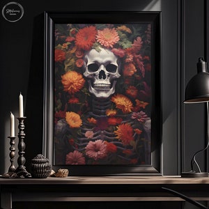 Botanische Skelett Malerei, Orange Blumen Herbst Kunstdruck, Vintage Poster, Kunst Poster Druck, Dark Academia, Spukender Geist, Halloween Dekor