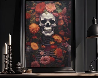 Botanical Skeleton Painting, Orange Floral Fall Art Print, Vintage Poster, Art Poster Print, Dark Academia, Haunting Ghost, Halloween Decor