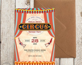 Bearbeitbare Zirkus-Geburtstagseinladung, Karnevalseinladung, digitaler Download, druckbare Vorlage, Sofortiger Download, digitale Einladung, Corjl