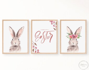 Printable Easter Wall Art, Set of 3, Easter Bunny, Floral, Instant Download, Wall Art, Printable Wall Art, Spring, Rabbit