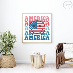American Flag Wall Art, Patriotic Retro Smiley Face Art Print, Fourth of July, Instant Download, Home Decor, Seasonal Patriotic Decoration