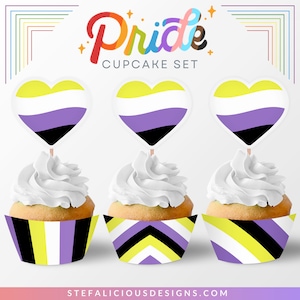 May include: Three cupcakes with white frosting, each adorned with a heart-shaped non-binary pride flag. The cupcake cases display a black, yellow, and purple chevron design. The words "Pride CUPCAKE SET" are at the top.