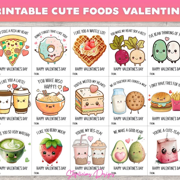 16 Printable Cute Food Pun Valentine's Day Card Set, Valentine's Day Card, Valentines Day, Kids Valentine, School, Classroom, Funny, Cute