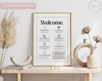 Plantilla de paquete de letreros de Airbnb, señalización de Airbnb, alquiler vacacional, letrero de wifi, libro de bienvenida de Airbnb, lista de pago, anfitrión de Airbnb, letreros sencillos, VRBO