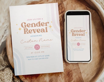 Invitación editable para revelación de género, imprimible, digital, plantilla para fiesta de bebé (niño o niña), él o ella, arcoíris retro rosa y azul