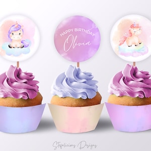 Unicorn Birthday Cupcake Toppers, Cupcake Wrappers, Custom Name Editable Template, Printable Party Decor, Pastel Rainbow Unicorn, Cricut