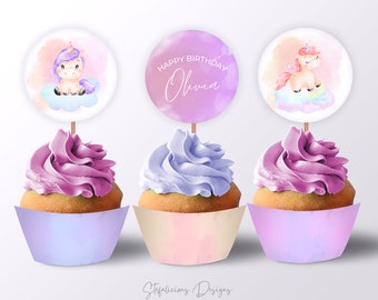 Adornos para cupcakes de cumpleaños de unicornio, envoltorios para cupcakes, plantilla editable con nombre personalizado, decoración imprimible para fiestas, unicornio arcoíris pastel, Cricut