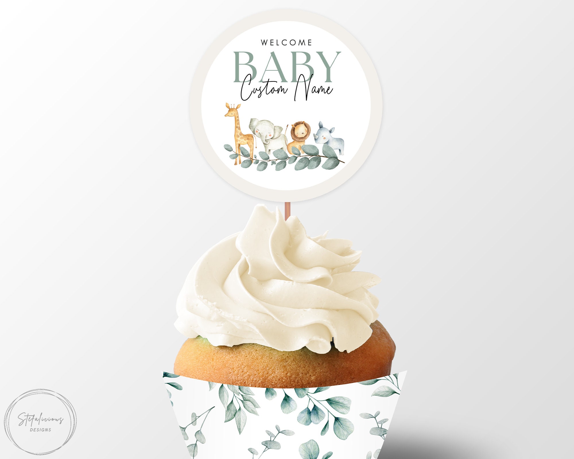 Editable Safari Baby Shower Cupcake Toppers Cupcake Wrappers Printable Template Eucalyptus Safari Animals Personalized Baby