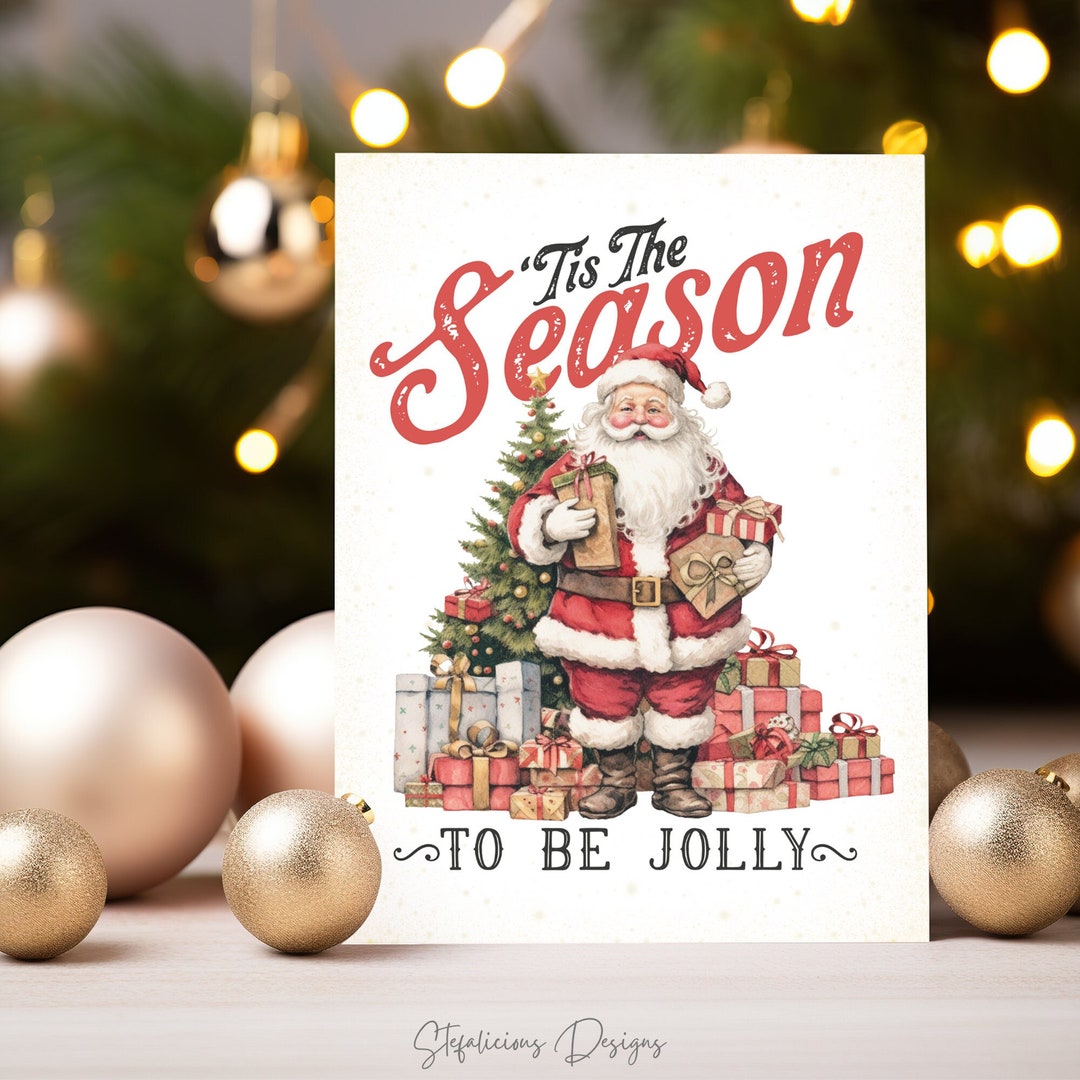 Vintage Christmas Card, Santa Printable Christmas Card, Tis the Season to Be Jolly, Instant ...