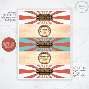 Circus Party Water Bottle Labels, Editable Template, Carnival ...