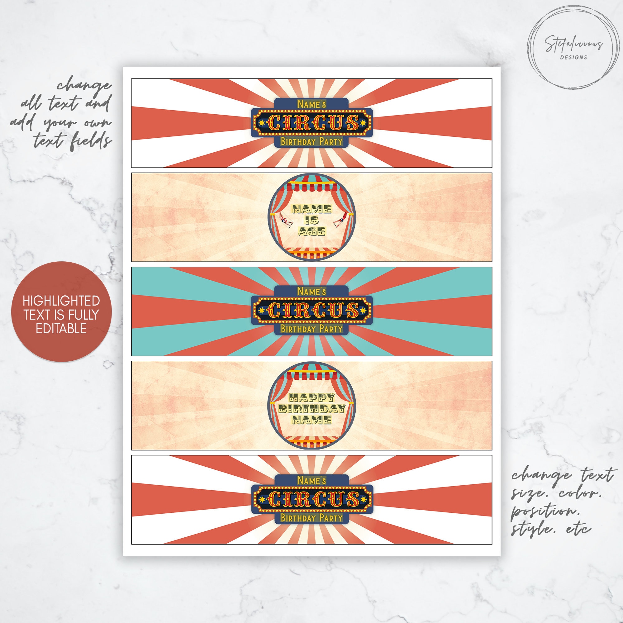 Circus Party Water Bottle Labels, Editable Template, Carnival, Personalized Party Decor, Digital ...