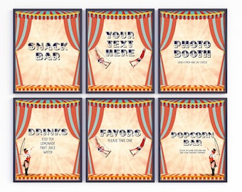 Editable Circus Party Table Signs, Carnival Party Decor, Digital Download, Printable Template, Instant download, Vintage Circus, Corjl