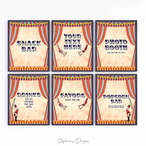 Editable Circus Party Table Signs, Carnival Party Decor, Digital Download, Printable Template, Instant download, Vintage Circus, Corjl