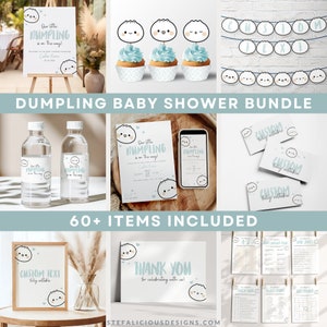 May include: A blue and white baby shower bundle with a dumpling theme. The bundle includes invitations, thank you cards, water bottle labels, cupcake toppers, and games. The text on the invitations says "Our Little Dumpling is on the way!"