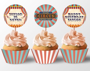 Editable Circus Party Cupcake Toppers, Cupcake Wrappers, Carnival Party Decor, Digital Download, Printable Template, Vintage Circus, Corjl