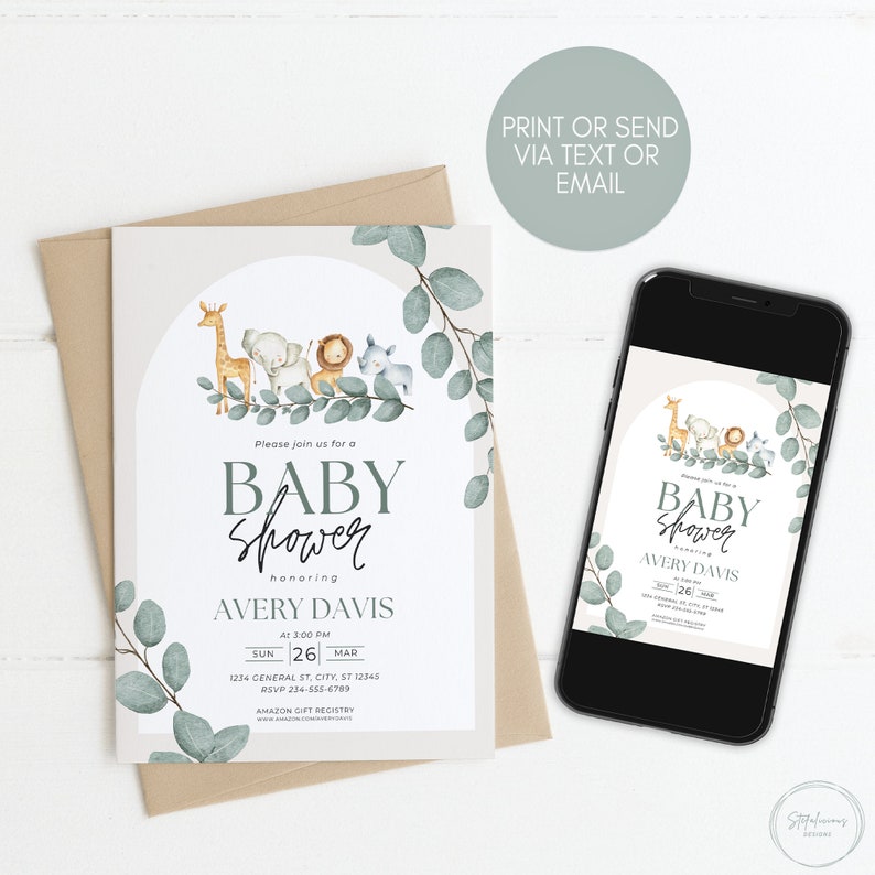 Safari Baby Shower Invitation Set, Editable, Printable Template ...