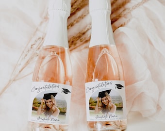 Graduation Mini Bottle Labels Bundle, Personalized Mini Wine Champagne Labels, Minimalist Grad Party Favors, Custom Photo Editable Template