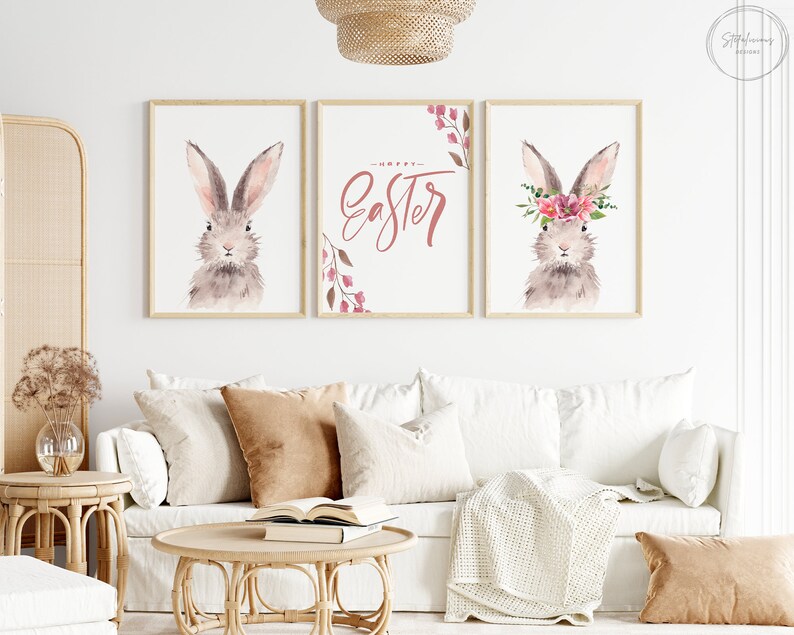 Printable Easter Wall Art, Set of 3, Easter Bunny, Floral, Instant ...