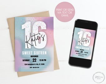 May include: A Sweet Sixteen invitation with a pastel watercolor background in shades of blue, pink, and purple. The design features the number 16 in large white letters, the name "Katie's" in script, and event details.