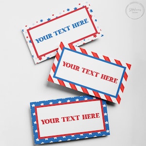Tarjetas de mesa editables de la bandera estadounidense, Día de los Caídos de EE. UU., Patriótico, Rojo Blanco Azul, Tarjetas de mesa del 4 de julio, Plantilla imprimible de tarjetas de nombre