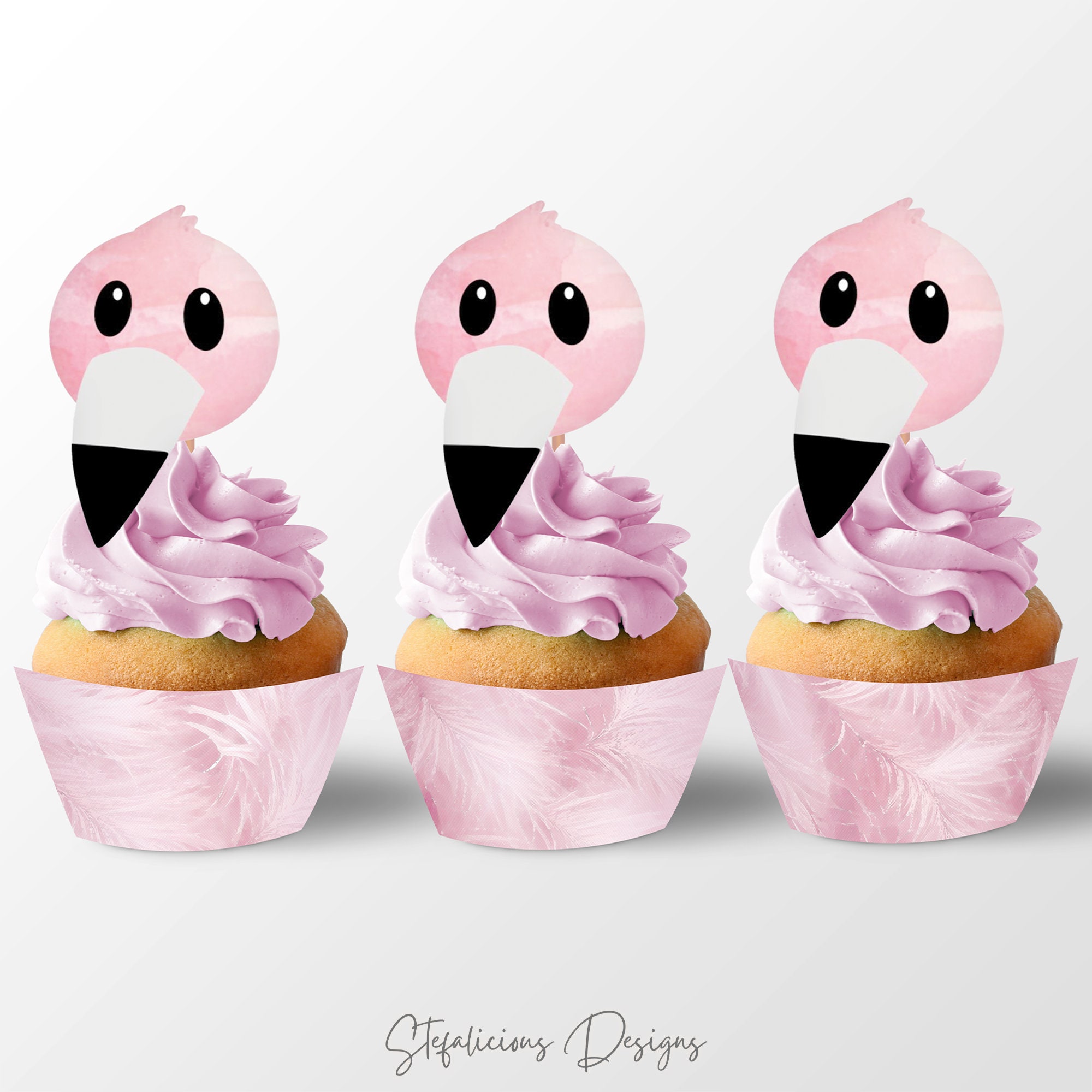 Flamingo Cupcake Toppers Cupcake Wrappers Flamingo Theme Printable Set Instant Download Pink Feather Watercolor Tropical