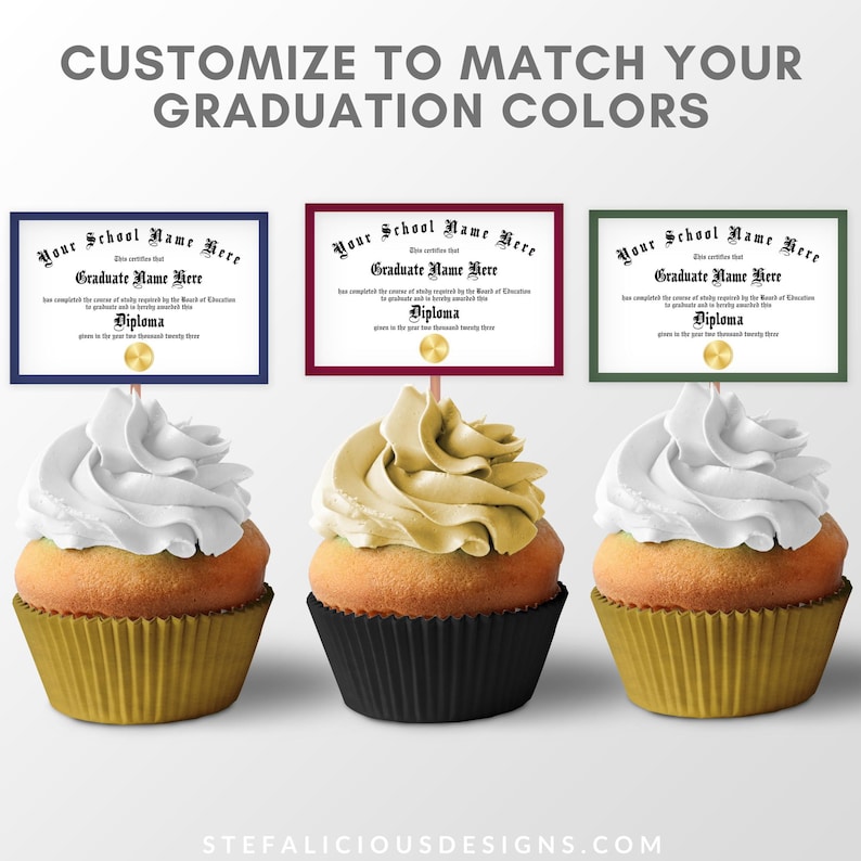 Personalized Graduation Cupcake Toppers, Custom Diplomas, Graduation Party Decorations, Class of, graduation, custom party decor, graduation decor, graduation diploma template, graduation favors, graduation name, high school grad