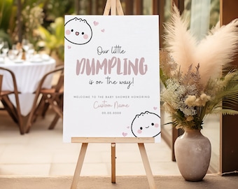 Letrero de bienvenida con forma de dumpling, Letrero para baby shower con temática de dumplings, Letrero personalizado para dim sum, Plantilla editable imprimible para decoración de eventos DIY con forma de bao