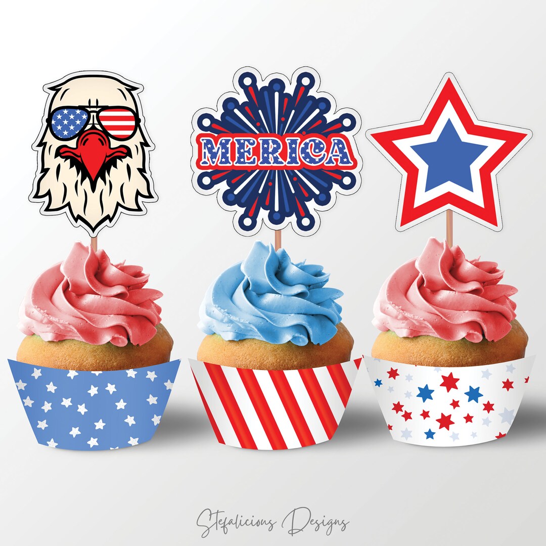 American Flag Cupcake Toppers Patriotic Cupcake Wrappers 4th - Etsy