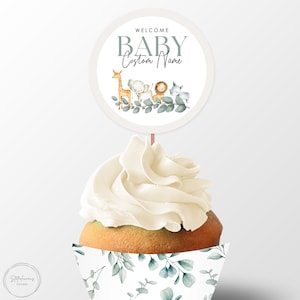 Editable Safari Baby Shower Cupcake Toppers, Cupcake Wrappers, Printable Template, Eucalyptus Safari Animals, Personalized, Baby Boy Girl