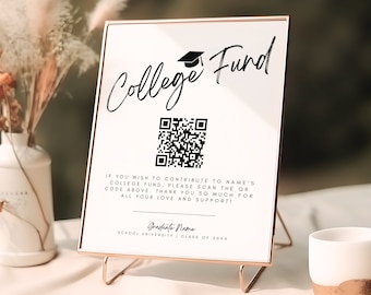 QR Code College Fund Graduation Sign, Minimalist Graduation College Fund Sign Template, Editable Graduation Party Decor, Graduation Colors