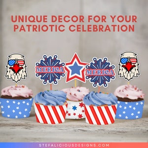 Patriotic Cupcake Toppers, American Flag Cupcake Wrappers, 4th of July ...