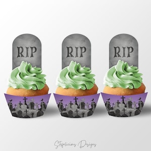 Topper per cupcake di Halloween, involucri per cupcake, lapide di zombie del cimitero RIP decorazione per bomboniere di Halloween, download istantaneo, festa stampabile