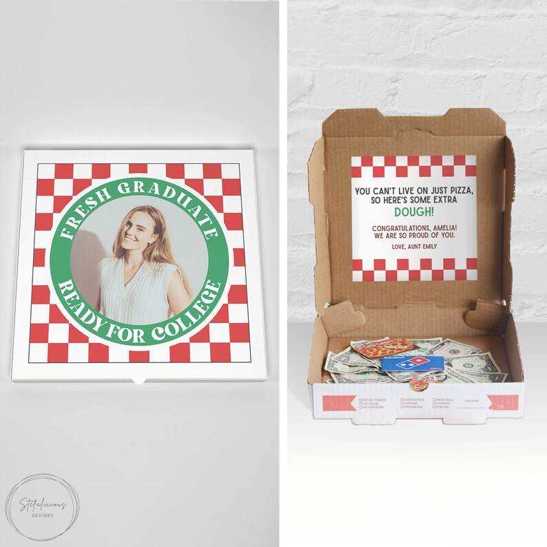 Pizza Box Money Gift, Printable Custom Photo Template, Fully Editable, Christmas Gift, Graduation Gift, Birthday Gift, Gift for Kids Teens. Add your custom photo and text.