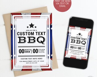 Invitación para barbacoa de verano, ideal para el Día de los Caídos, el 4 de julio, el Día del Trabajo y eventos patrióticos. Plantilla editable e imprimible. Descarga inmediata.