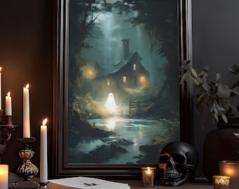 Ghost Painting Printable Art Print, Halloween Home Decor, Abstract Cute Ghost Oil Painting, Vintage Aesthetic, Dark Academia, Cottagecore