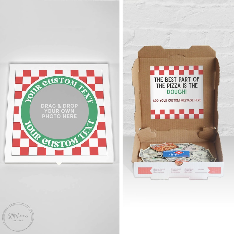 Pizza Box Money Gift, Printable Custom Photo Template, Fully Editable, Christmas Gift, Graduation Gift, Birthday Gift, Gift for Kids Teens. Add your custom photo and text.