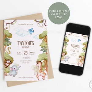 Safari Birthday Invitation, Jungle Animals invitations, Safari Party, Editable Printable Template, Instant Download, Digital Invitation