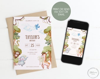 Safari Birthday Invitation, Jungle Animals invitations, Safari Party, Editable Printable Template, Instant Download, Digital Invitation