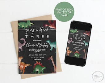 Editable Dinosaur 3rd Birthday Invitation, Young Wild and Three, Third Birthday, Printable Template, Instant download, Digital Invite Custom