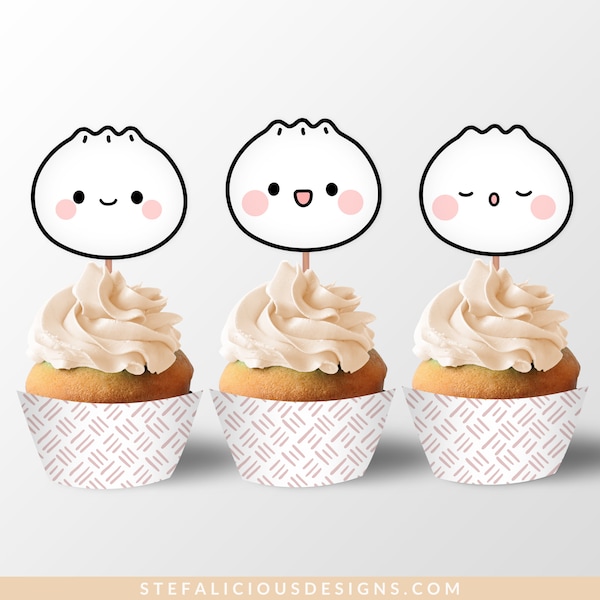 Cute Dumpling Cupcake Toppers, Cupcake Wrappers, Bao Dim Sum Party Cupcake Set, Little Dumpling Baby Shower, Printable Custom Colors, Cricut