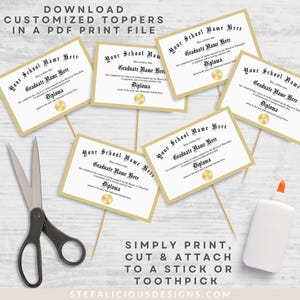 Personalized Graduation Cupcake Toppers, Custom Diplomas, Graduation Party Decorations, Class of, graduation, custom party decor, graduation decor, graduation diploma template, graduation favors, graduation name, high school grad