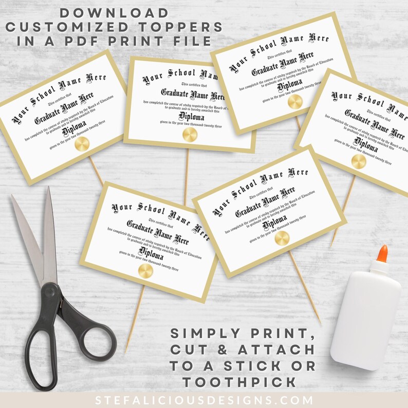 Personalized Graduation Cupcake Toppers, Custom Diplomas, Graduation Party Decorations, Class of, graduation, custom party decor, graduation decor, graduation diploma template, graduation favors, graduation name, high school grad