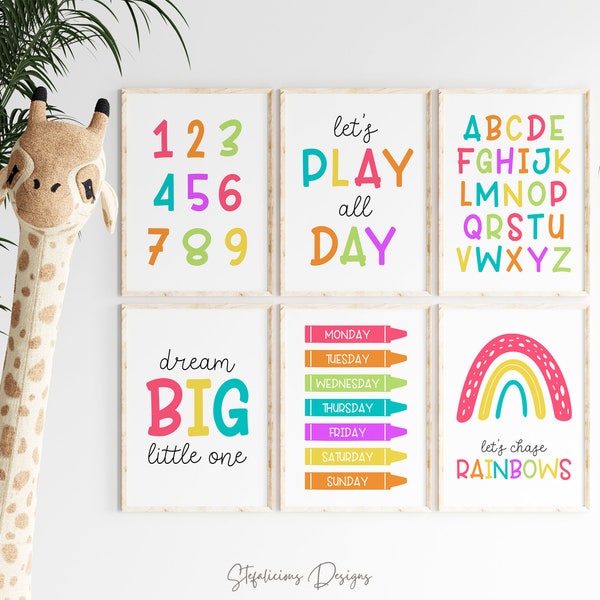 Educational Posters, Printable Playroom Wall Art Set, Rainbow Prints for Children, Playroom Decor for Daycare, Kids Room, Nursery Art
