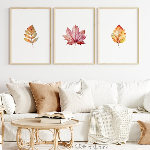 Set of Three Fall Prints, Autumn Printable Wall Art, Warm Orange Rustic Fall Decor, Falling Leaf Watercolour painting, Hand-Drawn Fall Art