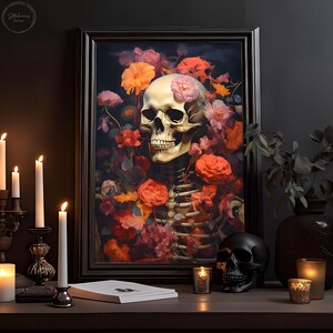 Botanische Skelett Malerei, Orange Blumen, Herbst Kunstdruck, Vintage Poster, Kunst Poster Druck, Dark Academia, Spukender Geist, Halloween Dekor