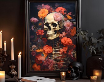 Botanical Skeleton Painting, Orange Floral, Fall Art Print, Vintage Poster, Art Poster Print, Dark Academia, Haunting Ghost, Halloween Decor
