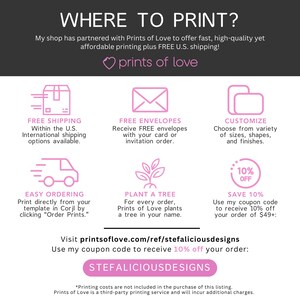 Puede incluir: Un gr&aacute;fico rosa y blanco con el texto "WHERE TO PRINT?" y "prints of love". El gr&aacute;fico enumera diferentes opciones de impresi&oacute;n, incluyendo env&iacute;o gratuito, sobres gratuitos, personalizaci&oacute;n, pedido f&aacute;cil, plantar un &aacute;rbol y un descuento del 10%. El gr&aacute;fico tambi&eacute;n incluye la direcci&oacute;n del sitio web "printsoflove.com/ref/stefaliciousdesigns" y el texto "Utiliza mi c&oacute;digo de cup&oacute;n para recibir un 10% de descuento en tu pedido: STEFALICIOUSDESIGNS".